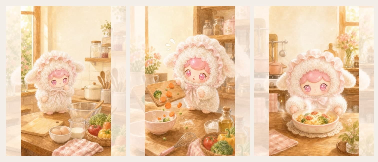 FUWALA 白色角色烹饪主题的三张连续图片