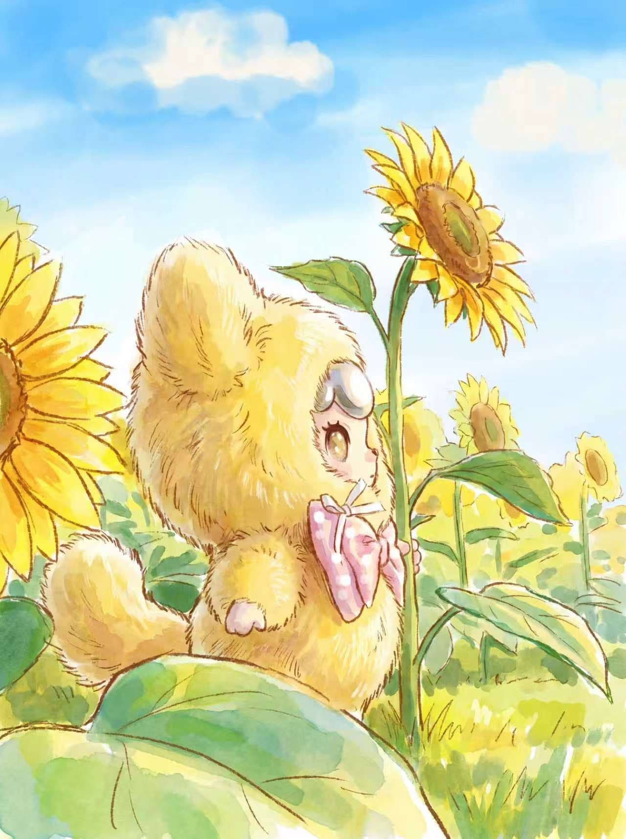 FUWALA 黄色角色在向日葵场景中的彩铅风格实验