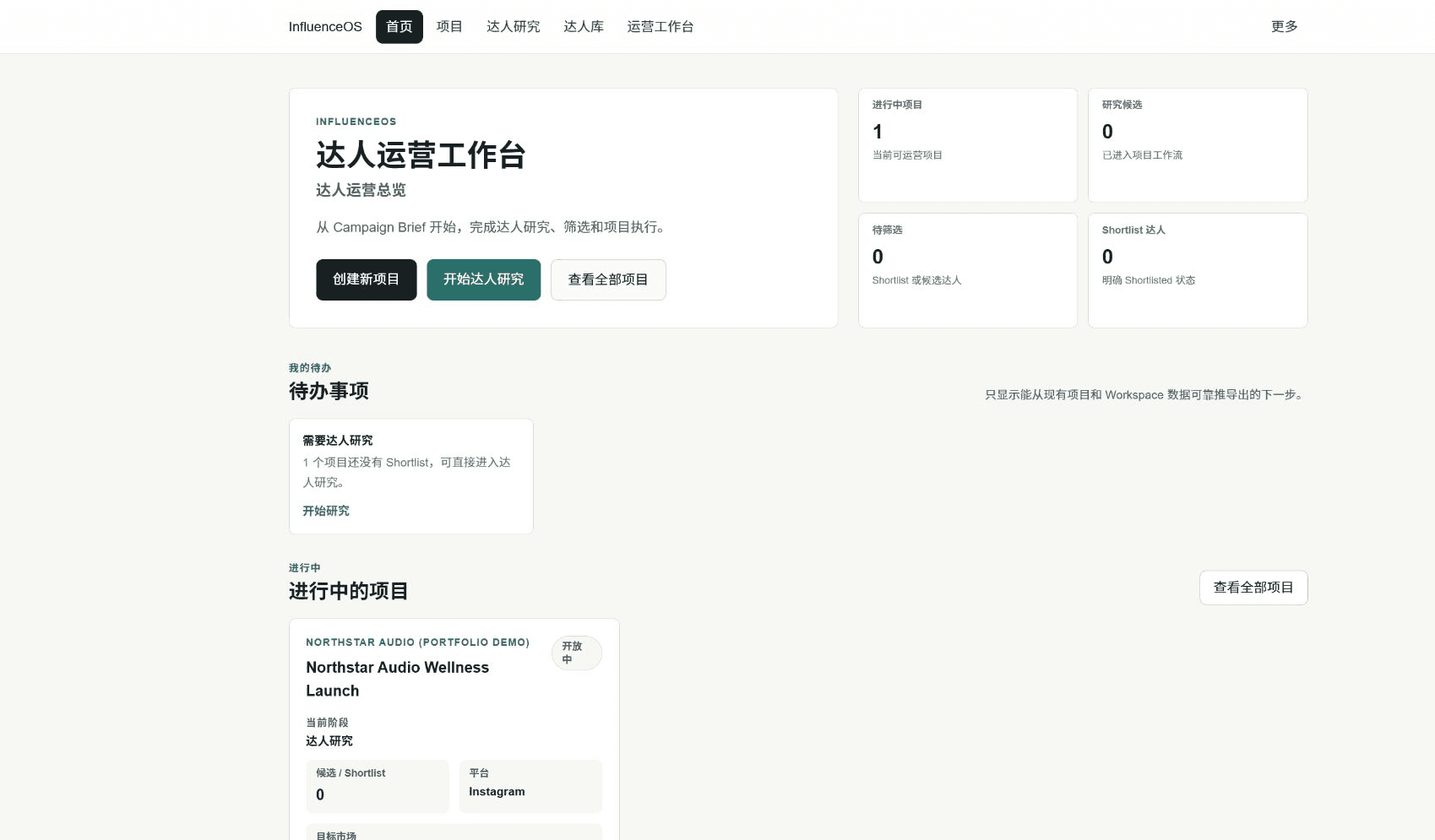 InfluencerOS V6.8 运营首页，显示虚构 Campaign 与运营待办