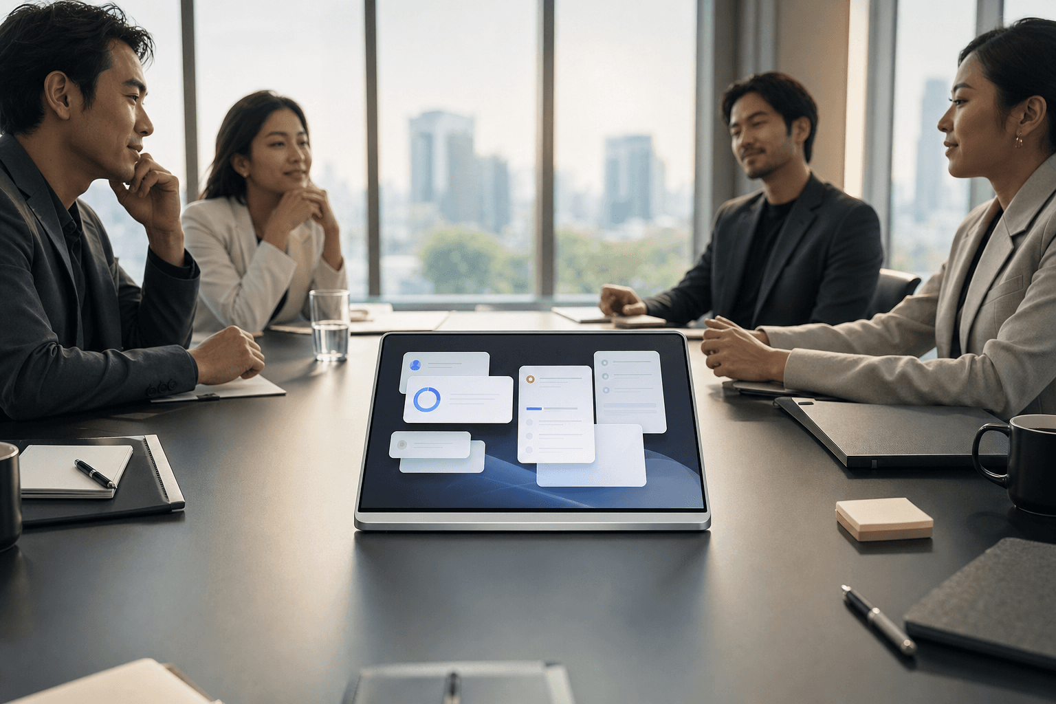 AI SaaS 会议助手案例的决策与行动主题关键视觉